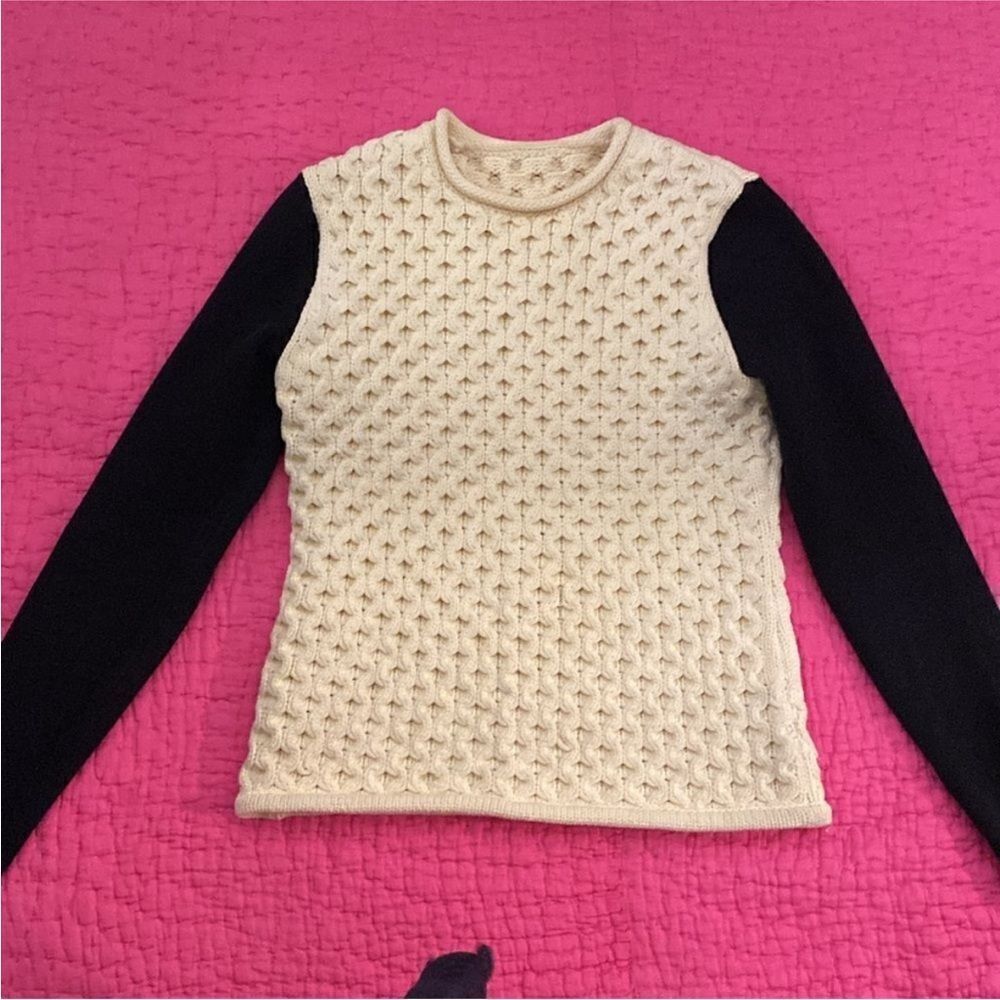Yigal Azrouel Cream And Black Textured Long Sleeve Sweater, S